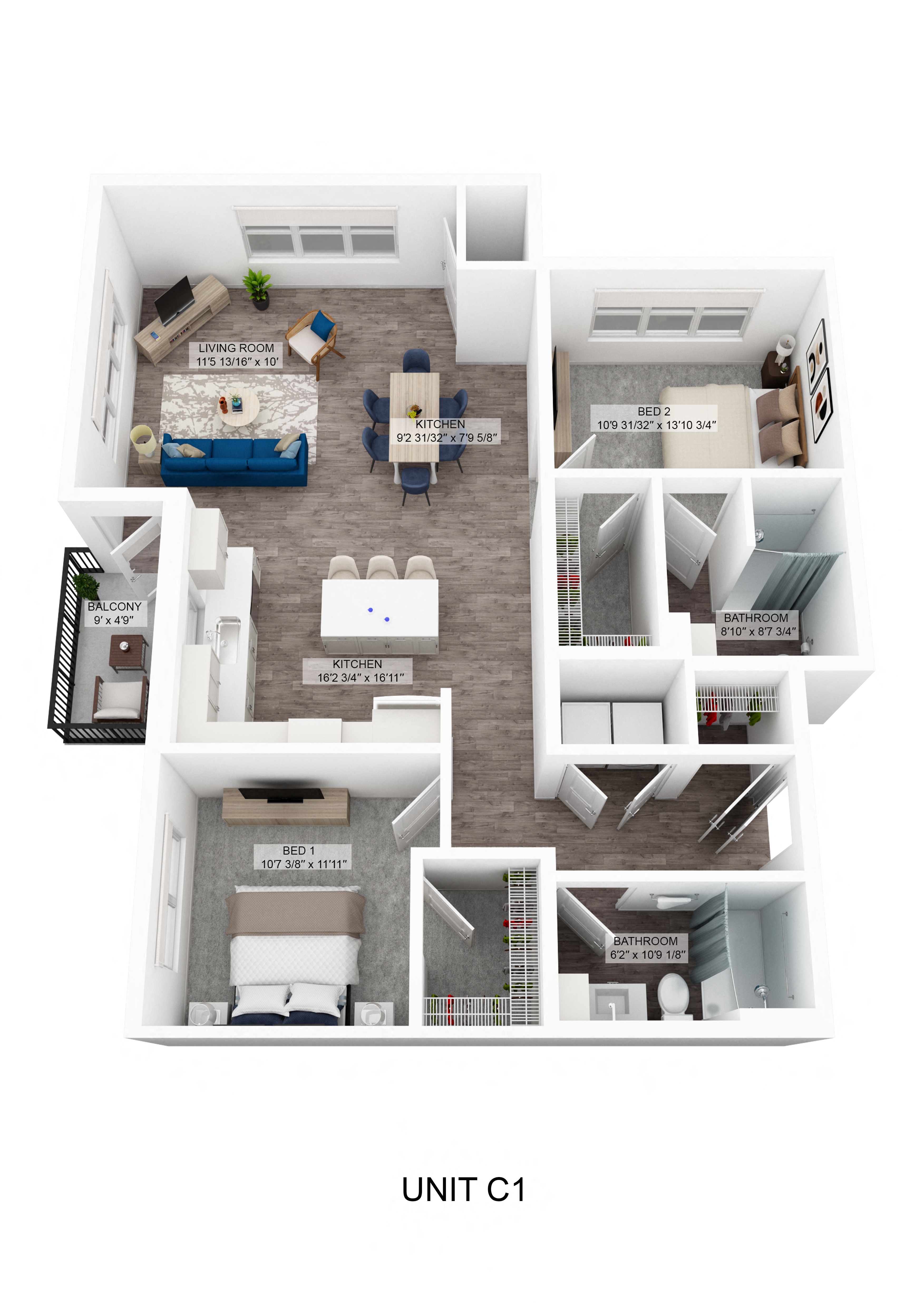 Floor plan for 2 beds, 2 baths, 1176 sqft